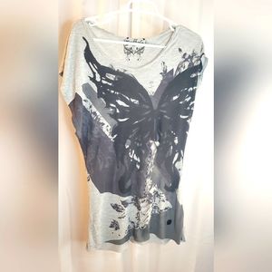 Buffalo David Bitton, women's size Medium, long t-shirt, grey and black.